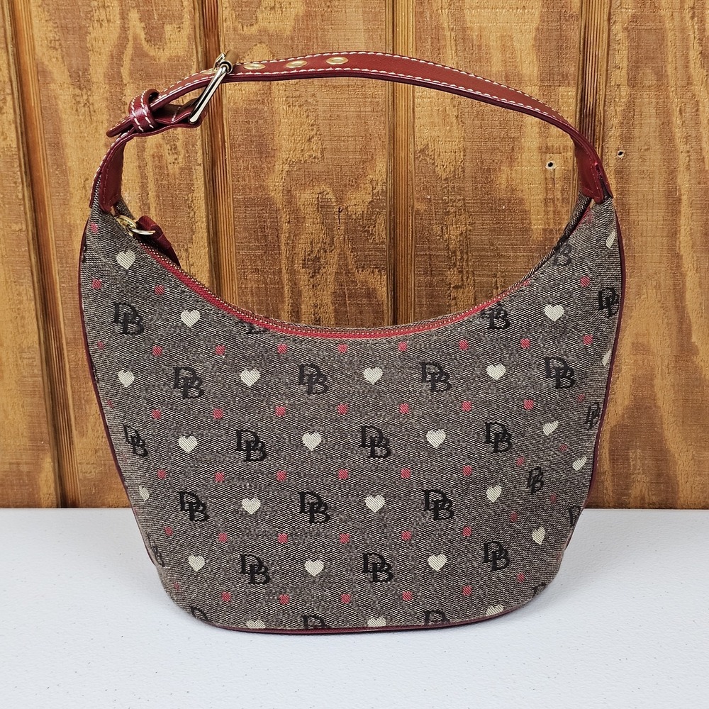 Dooney & Bourke Hobo Bucket Bag Canvas Hearts Signature Gray & Red Y2K DH29 - Picture 1 of 11